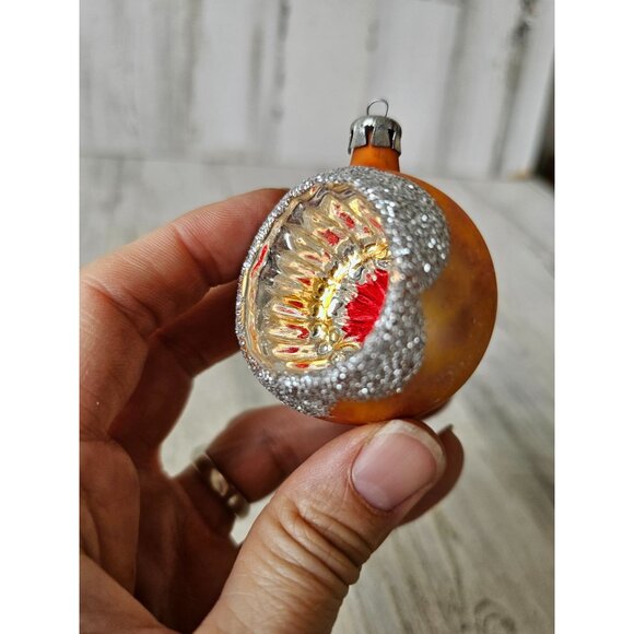 Vintage yellow glitter indent ball mercury glass ornament reflector Xmas tree - Picture 3 of 8